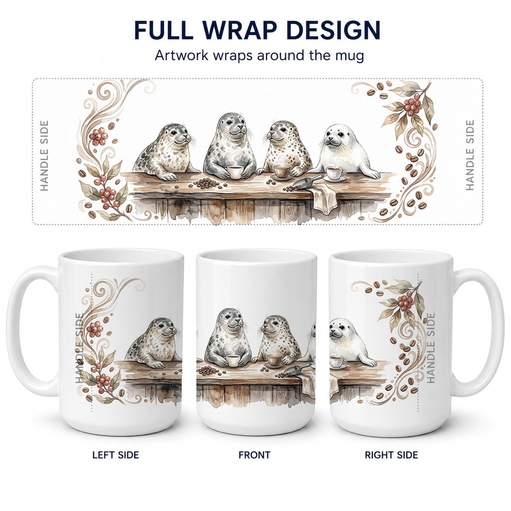 Seals Morning Coffee Ceramic Coffee Mug 15 oz Decorative Large C Handle Mug Cup for Tea, Cocoa Hot Chocolate