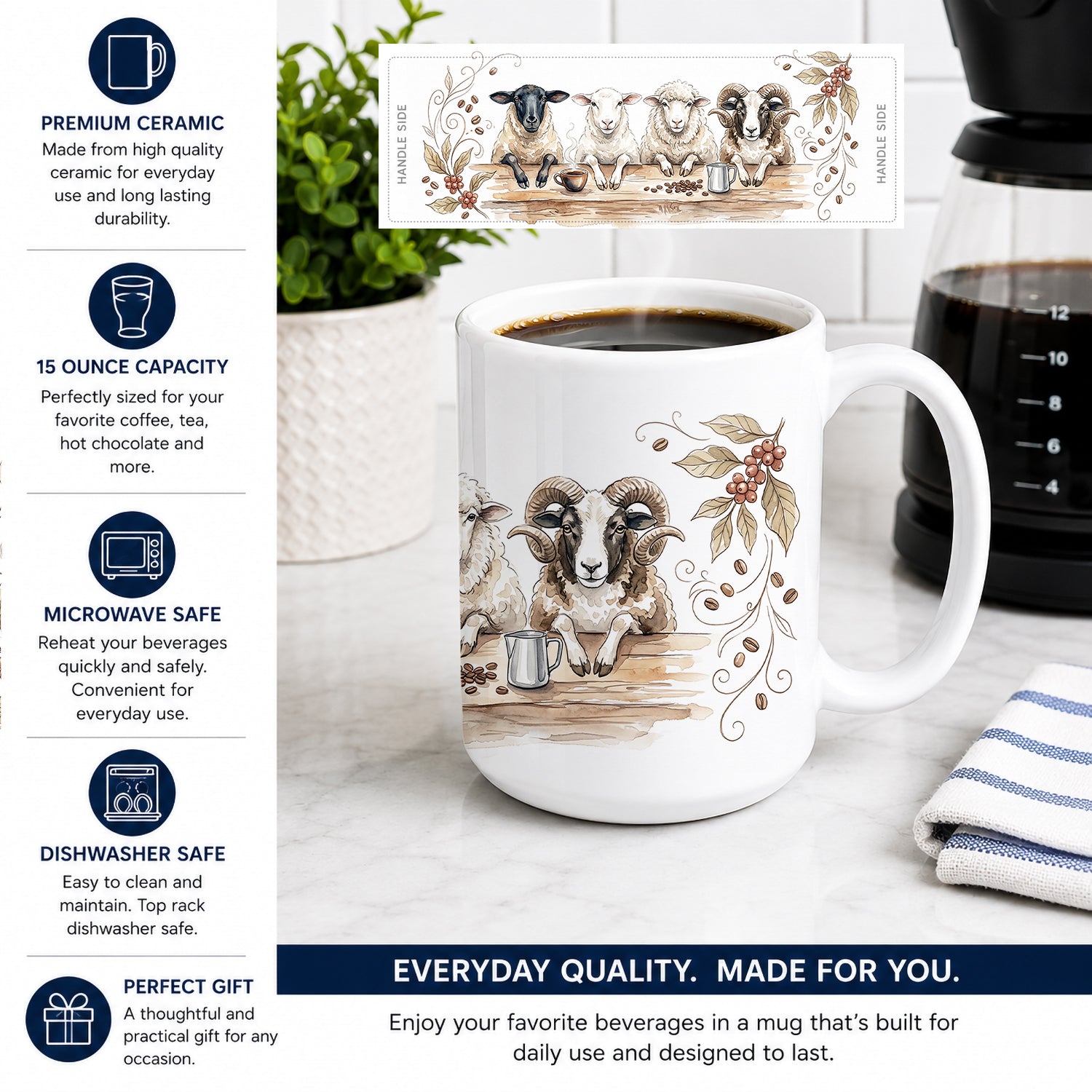 Sheep Morning Coffee Ceramic Coffee Mug 15 oz Decorative Large C Handle Mug Cup for Tea, Cocoa Hot Chocolate