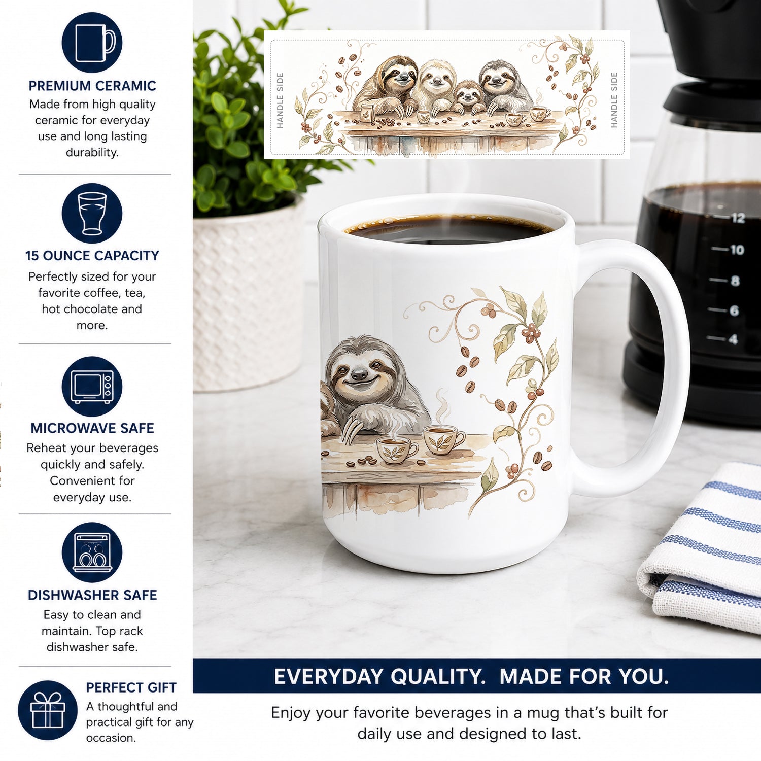 Sloths Morning Coffee Ceramic Coffee Mug 15 oz Decorative Large C Handle Mug Cup for Tea, Cocoa Hot Chocolate