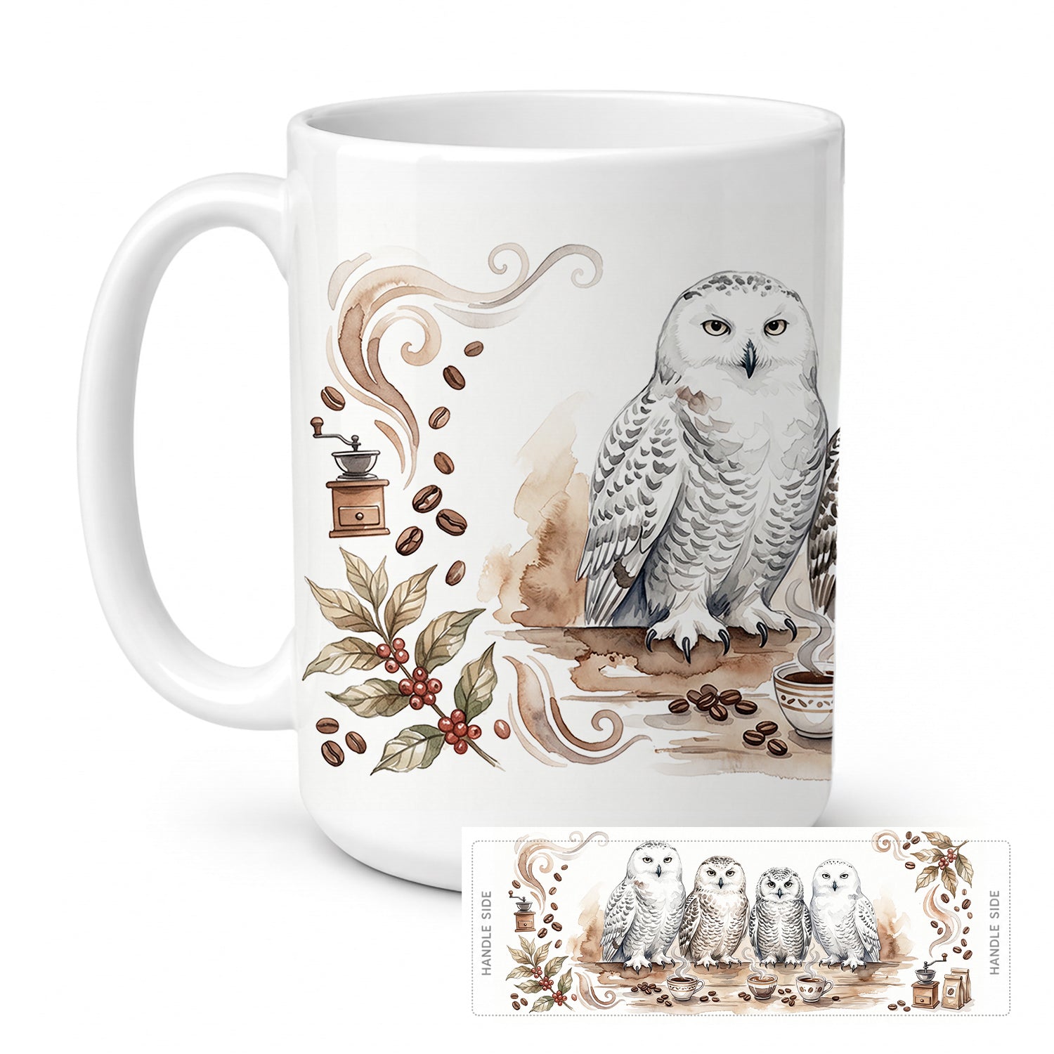 Snowy Owls Morning Coffee Ceramic Coffee Mug 15 oz Decorative Large C Handle Mug Cup for Tea, Cocoa Hot Chocolate