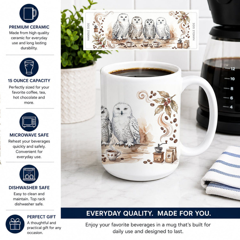 Snowy Owls Morning Coffee Ceramic Coffee Mug 15 oz Decorative Large C Handle Mug Cup for Tea, Cocoa Hot Chocolate