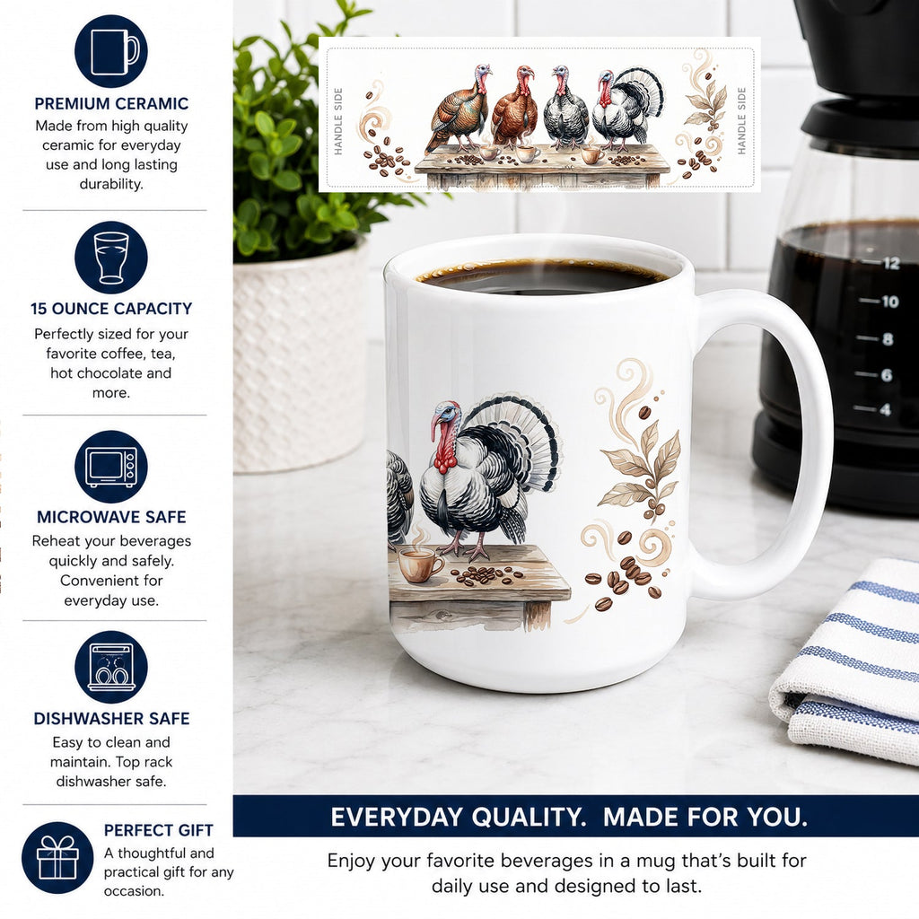 Turkeys Morning Coffee Ceramic Coffee Mug 15 oz Decorative Large C Handle Mug Cup for Tea, Cocoa Hot Chocolate