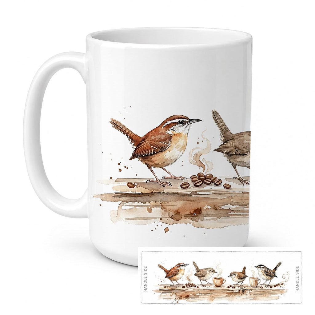 Wrens Morning Coffee Ceramic Coffee Mug 15 oz Decorative Large C Handle Mug Cup for Tea, Cocoa Hot Chocolate