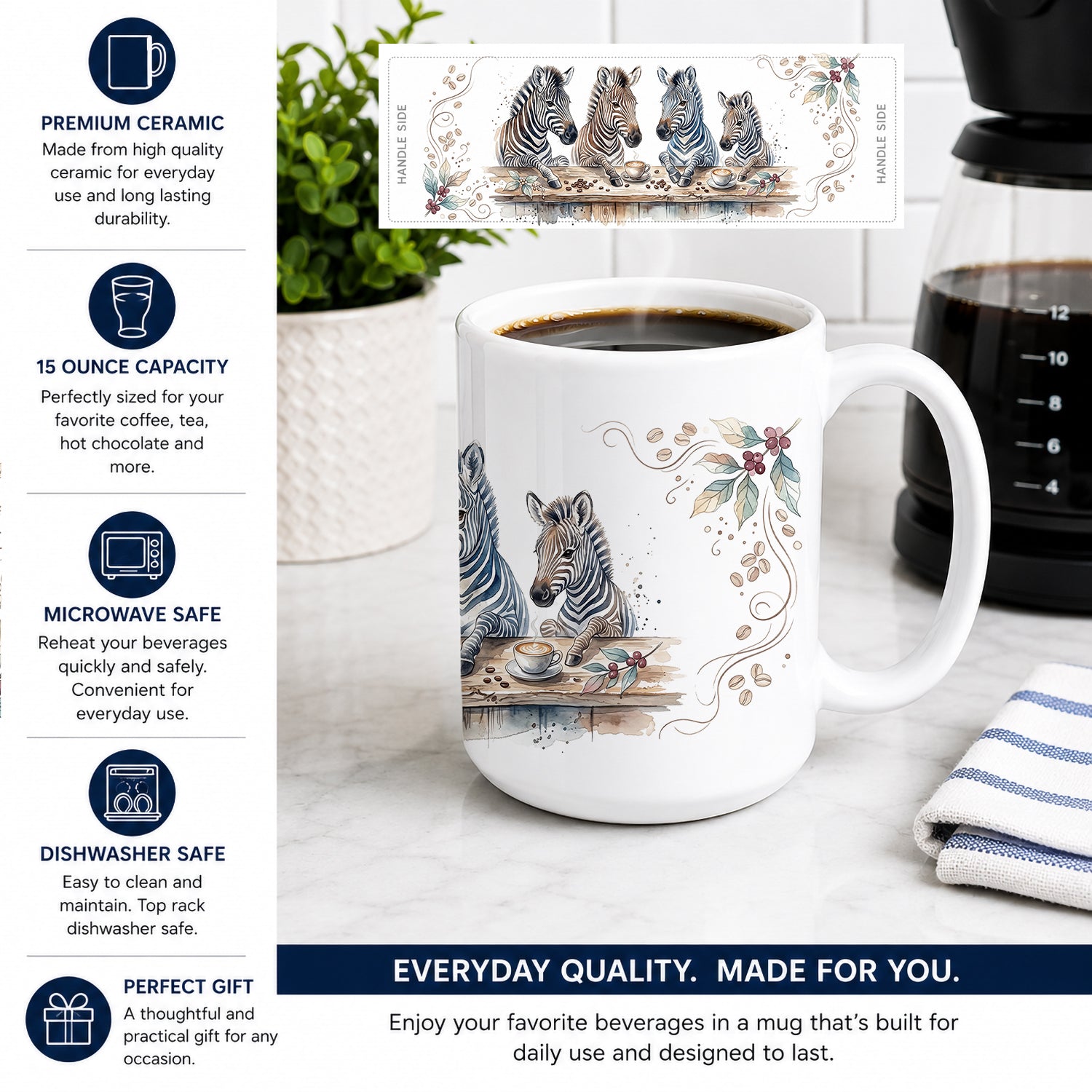 Zebras Morning Coffee Ceramic Coffee Mug 15 oz Decorative Large C Handle Mug Cup for Tea, Cocoa Hot Chocolate