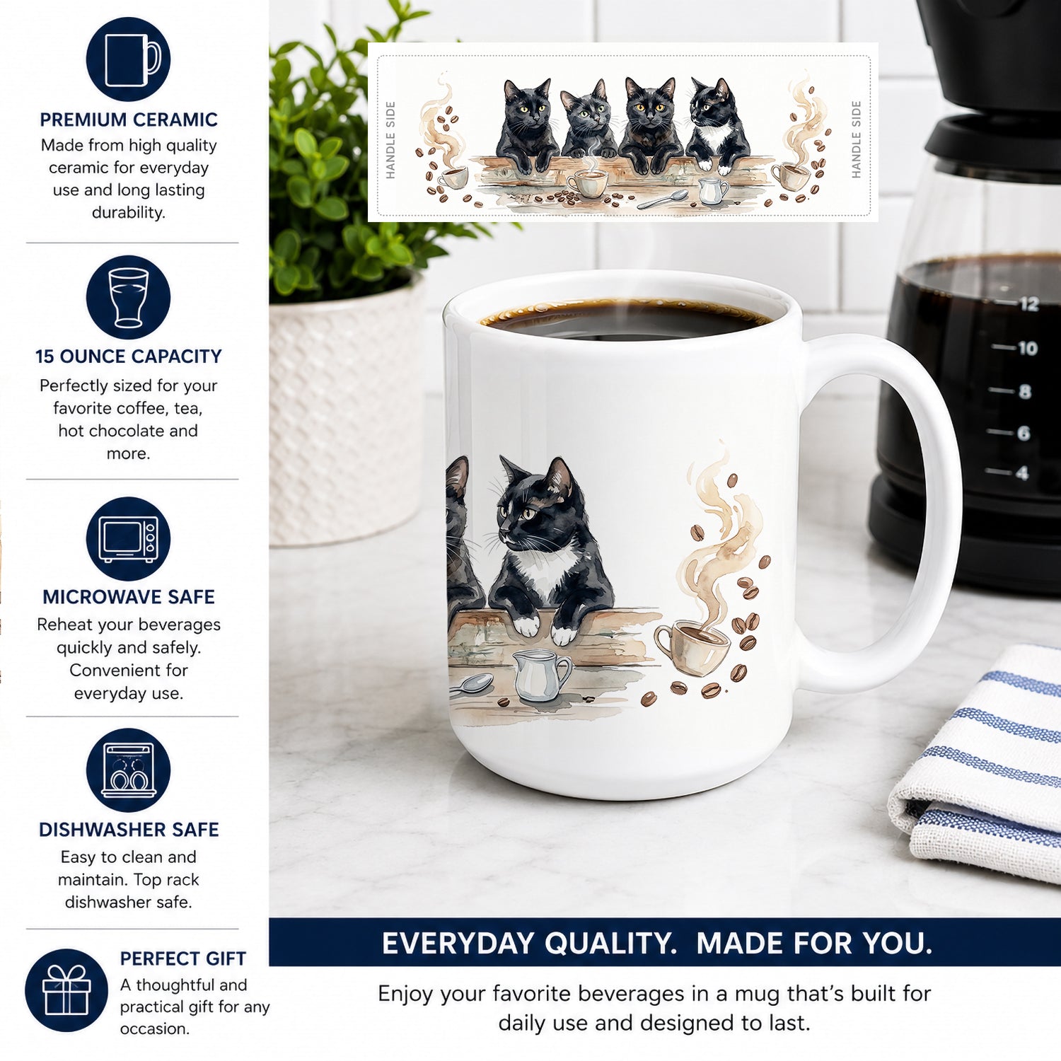 Black Cats Morning Coffee Ceramic Coffee Mug 15 oz Decorative Large C Handle Mug Cup for Tea, Cocoa Hot Chocolate