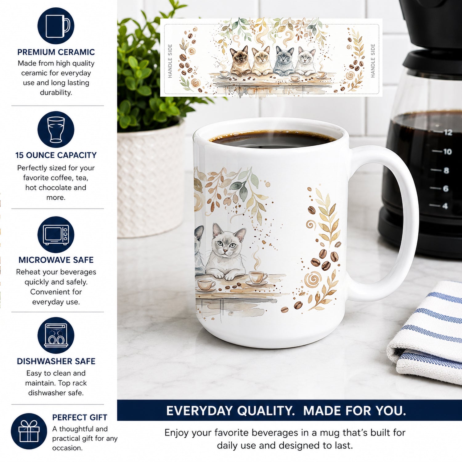 Burmese Cats Morning Coffee Ceramic Coffee Mug 15 oz Decorative Large C Handle Mug Cup for Tea, Cocoa Hot Chocolate