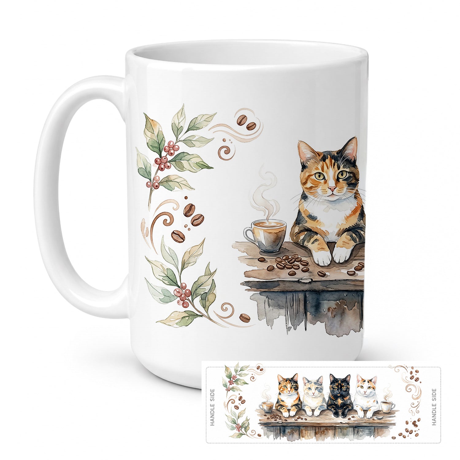 Calico Cats Morning Coffee Ceramic Coffee Mug 15 oz Decorative Large C Handle Mug Cup for Tea, Cocoa Hot Chocolate