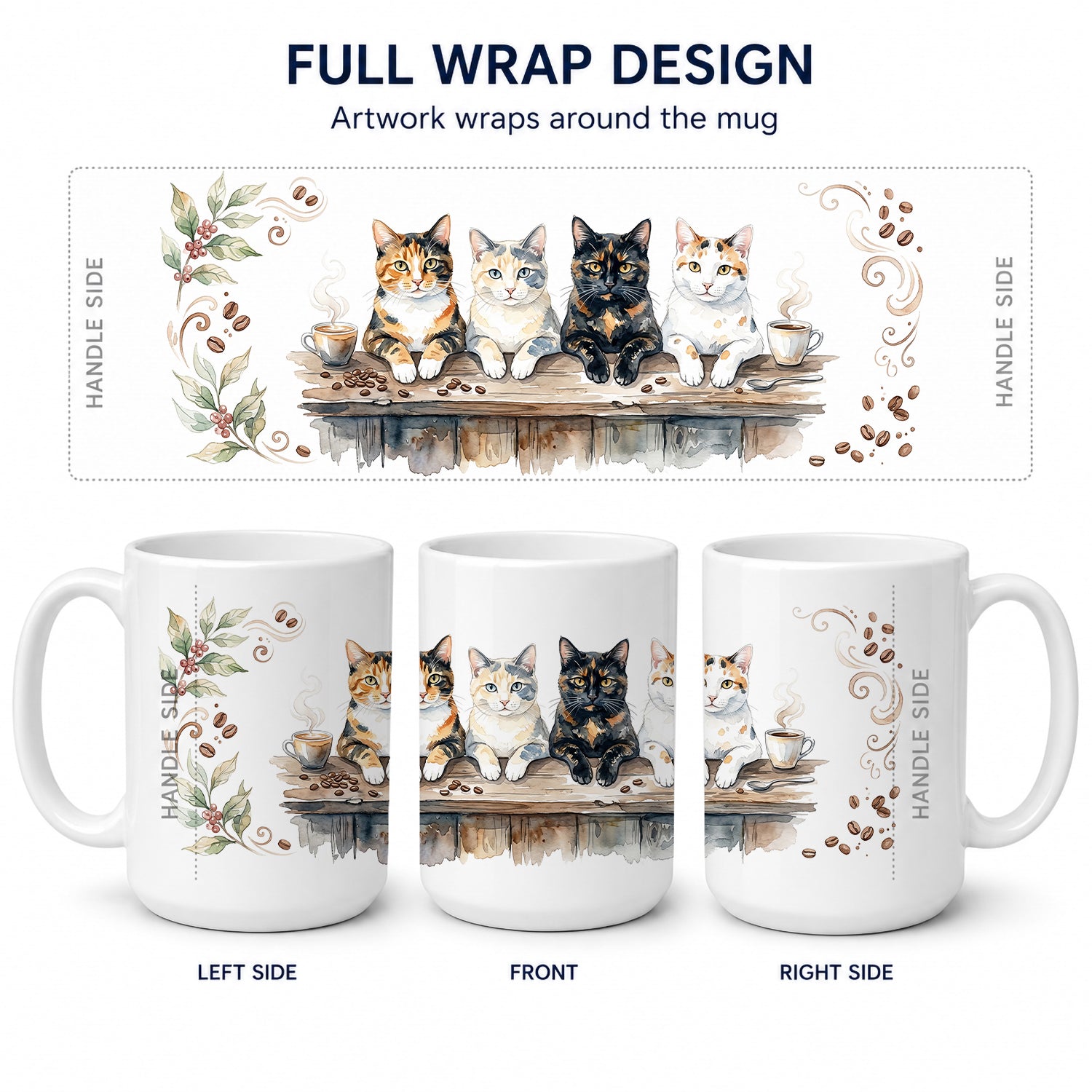 Calico Cats Morning Coffee Ceramic Coffee Mug 15 oz Decorative Large C Handle Mug Cup for Tea, Cocoa Hot Chocolate