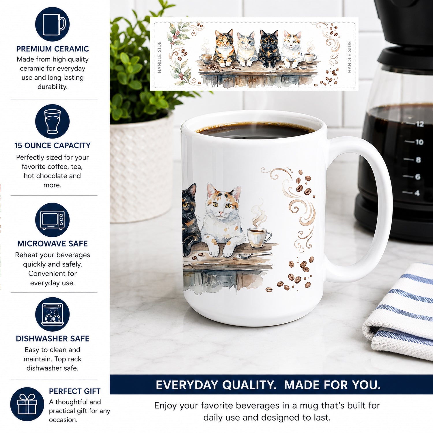 Calico Cats Morning Coffee Ceramic Coffee Mug 15 oz Decorative Large C Handle Mug Cup for Tea, Cocoa Hot Chocolate