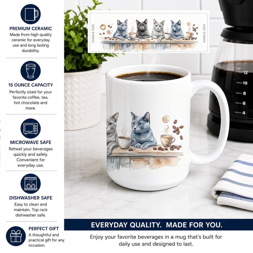 Gray Cats Morning Coffee Ceramic Coffee Mug 15 oz Decorative Large C Handle Mug Cup for Tea, Cocoa Hot Chocolate