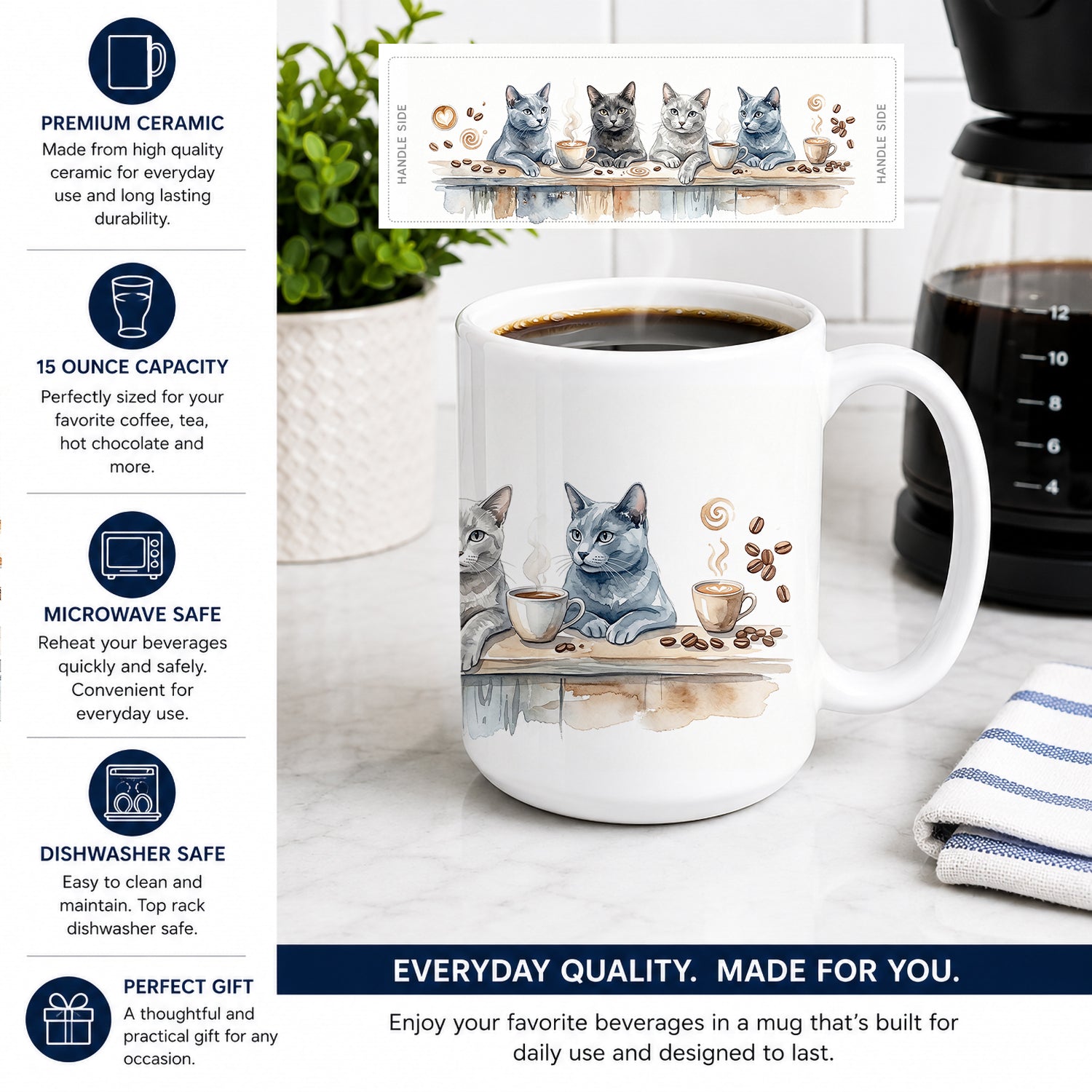 Gray Cats Morning Coffee Ceramic Coffee Mug 15 oz Decorative Large C Handle Mug Cup for Tea, Cocoa Hot Chocolate