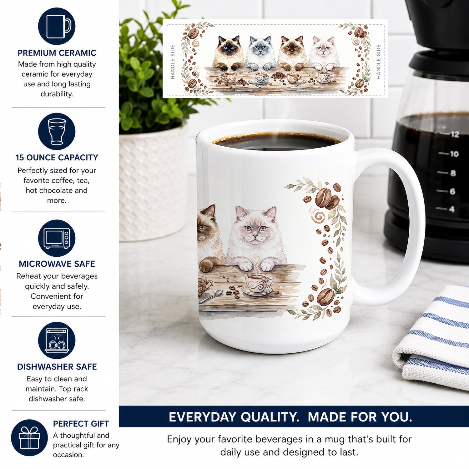 Himalayan Cats Morning Coffee Ceramic Coffee Mug 15 oz Decorative Large C Handle Mug Cup for Tea, Cocoa Hot Chocolate