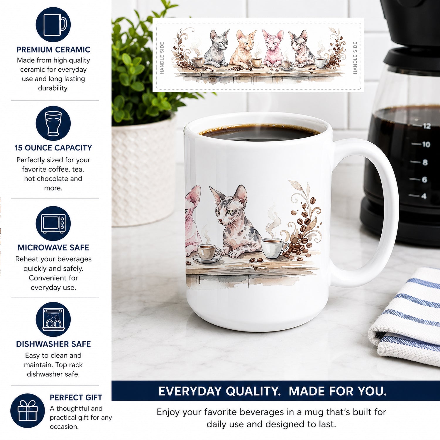 Sphynx Cats Morning Coffee Ceramic Coffee Mug 15 oz Decorative Large C Handle Mug Cup for Tea, Cocoa Hot Chocolate
