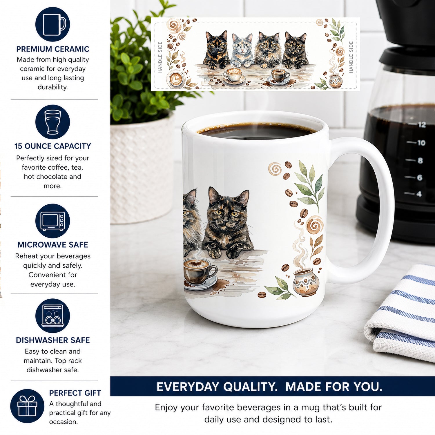Tortoiseshell Cats Morning Coffee Ceramic Coffee Mug 15 oz Decorative Large C Handle Mug Cup for Tea, Cocoa Hot Chocolate