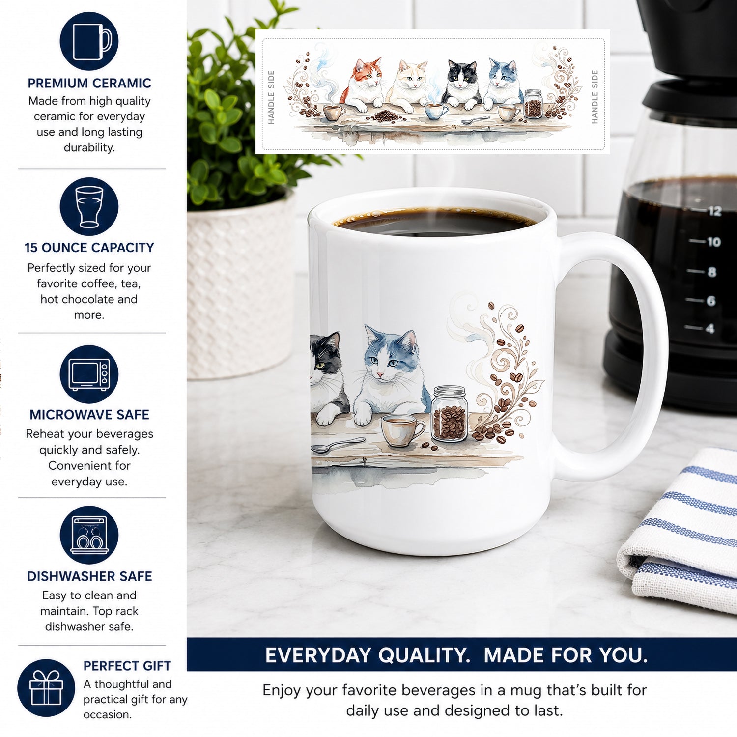 Turkish Van Cats Morning Coffee Ceramic Coffee Mug 15 oz Decorative Large C Handle Mug Cup for Tea, Cocoa Hot Chocolate
