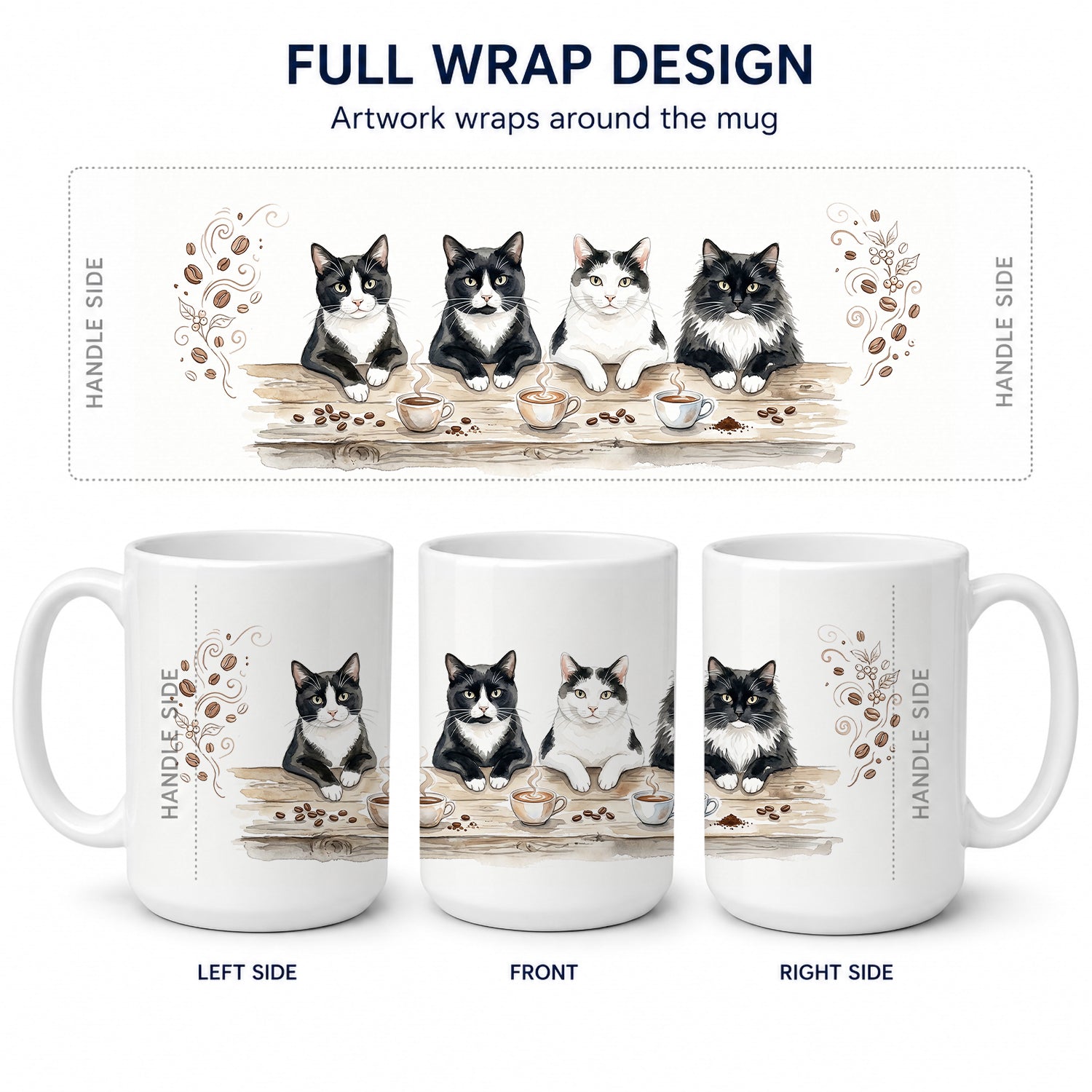 Tuxedo Cats Morning Coffee Ceramic Coffee Mug 15 oz Decorative Large C Handle Mug Cup for Tea, Cocoa Hot Chocolate