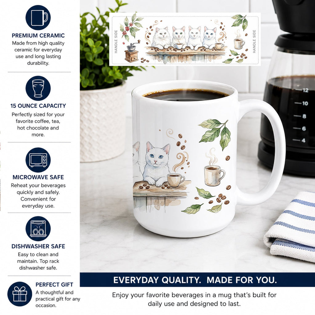 White Cats Morning Coffee Ceramic Coffee Mug 15 oz Decorative Large C Handle Mug Cup for Tea, Cocoa Hot Chocolate