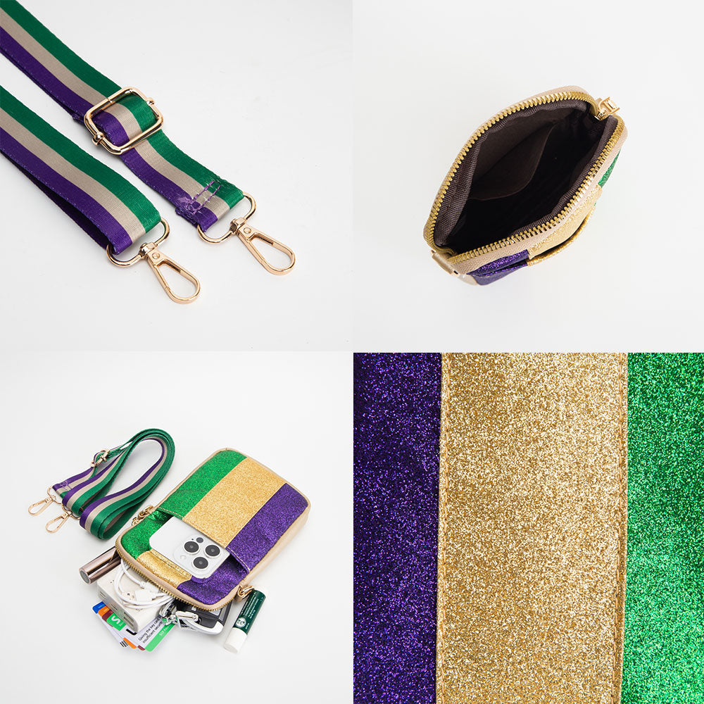 Faux Leather Mardi Gras Sparkle Front Small Crossbody Bag