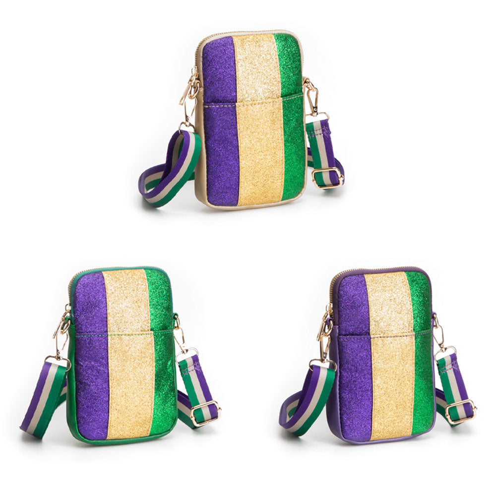 Faux Leather Mardi Gras Sparkle Front Small Crossbody Bag