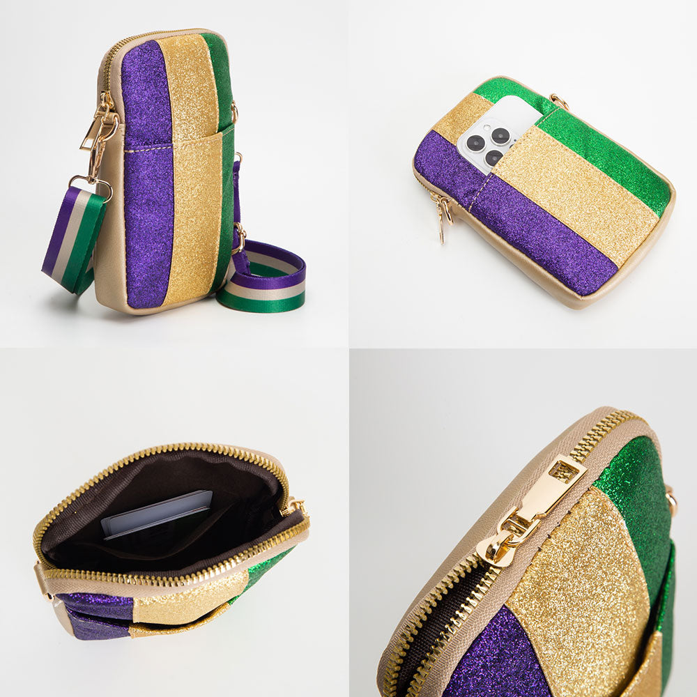 Faux Leather Mardi Gras Sparkle Front Small Crossbody Bag