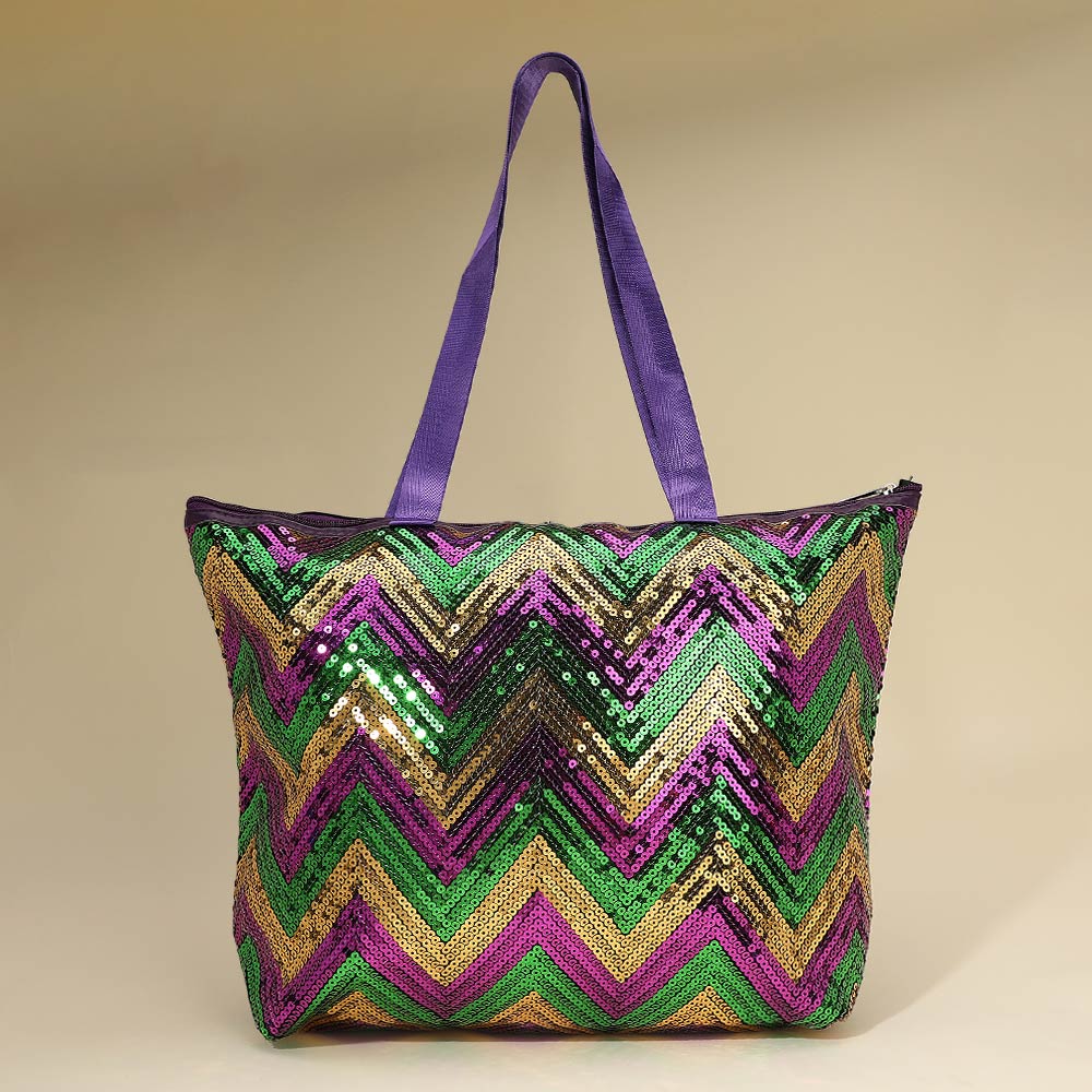 Mardi Gras Sequin Chevron Shoulder Tote Bag