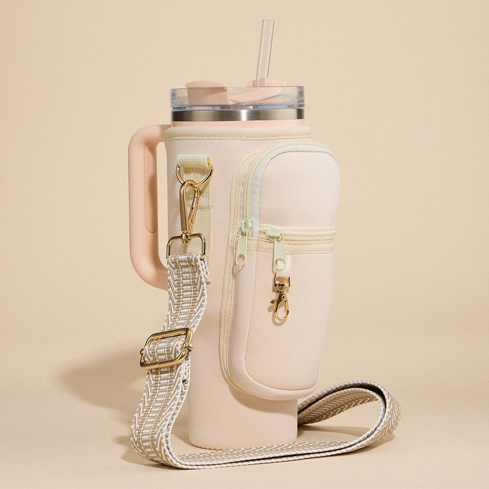 Solid Tumbler Carrier Holder Chevron Pattern Strap Crossbody Bag