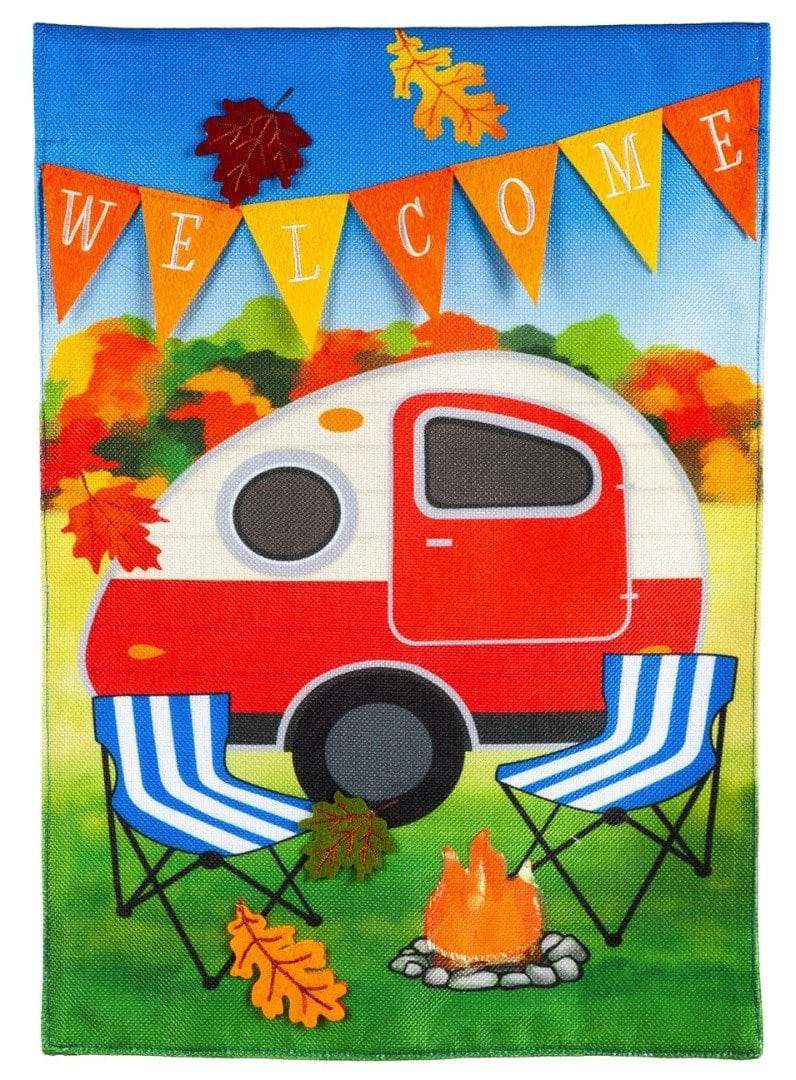 Fall Camper Garden Flag 2 Sided Burlap Welcome