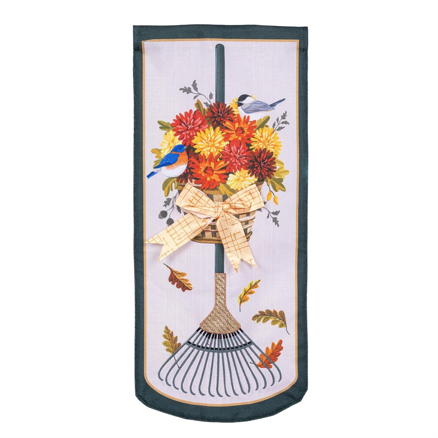Fall Garden Rake & Mums 2 Sided Long Garden Flag