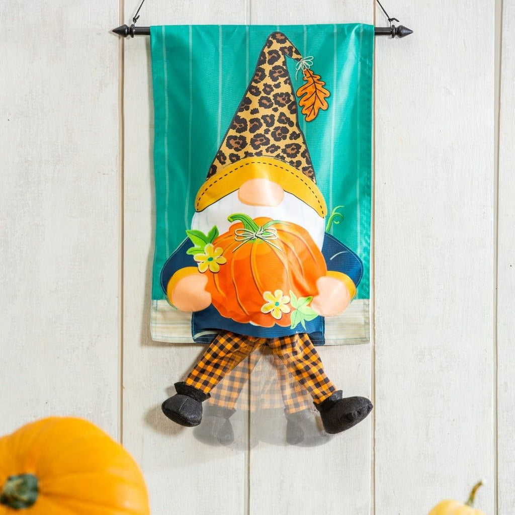 Fall Gnome With Pumpkin Kickin Garden Flag 2 Sided Applique