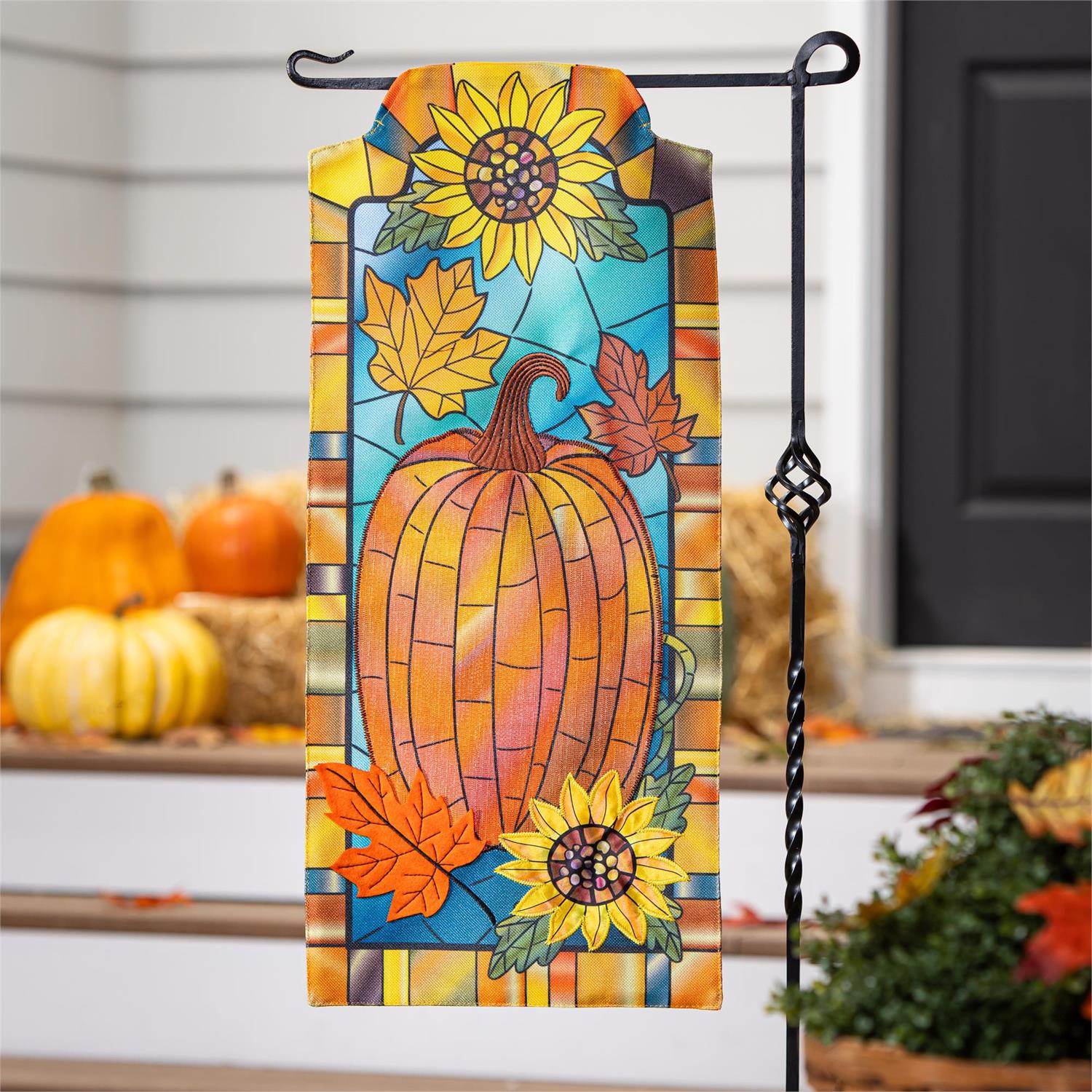 Fall Pumpkin Stained Glass 2 Sided Long Garden Flag
