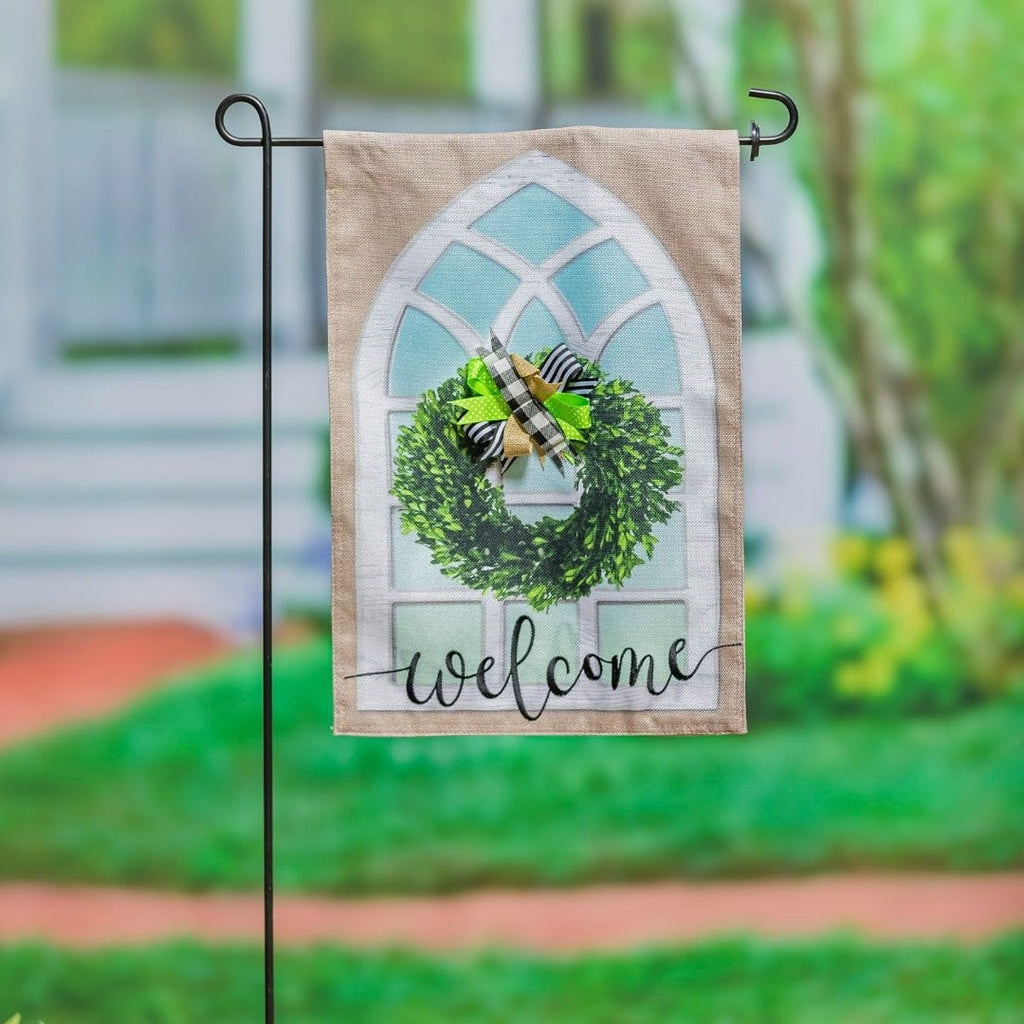 Farmhouse Window and Wreath Garden Flag 2 Sided Burlap Welcome