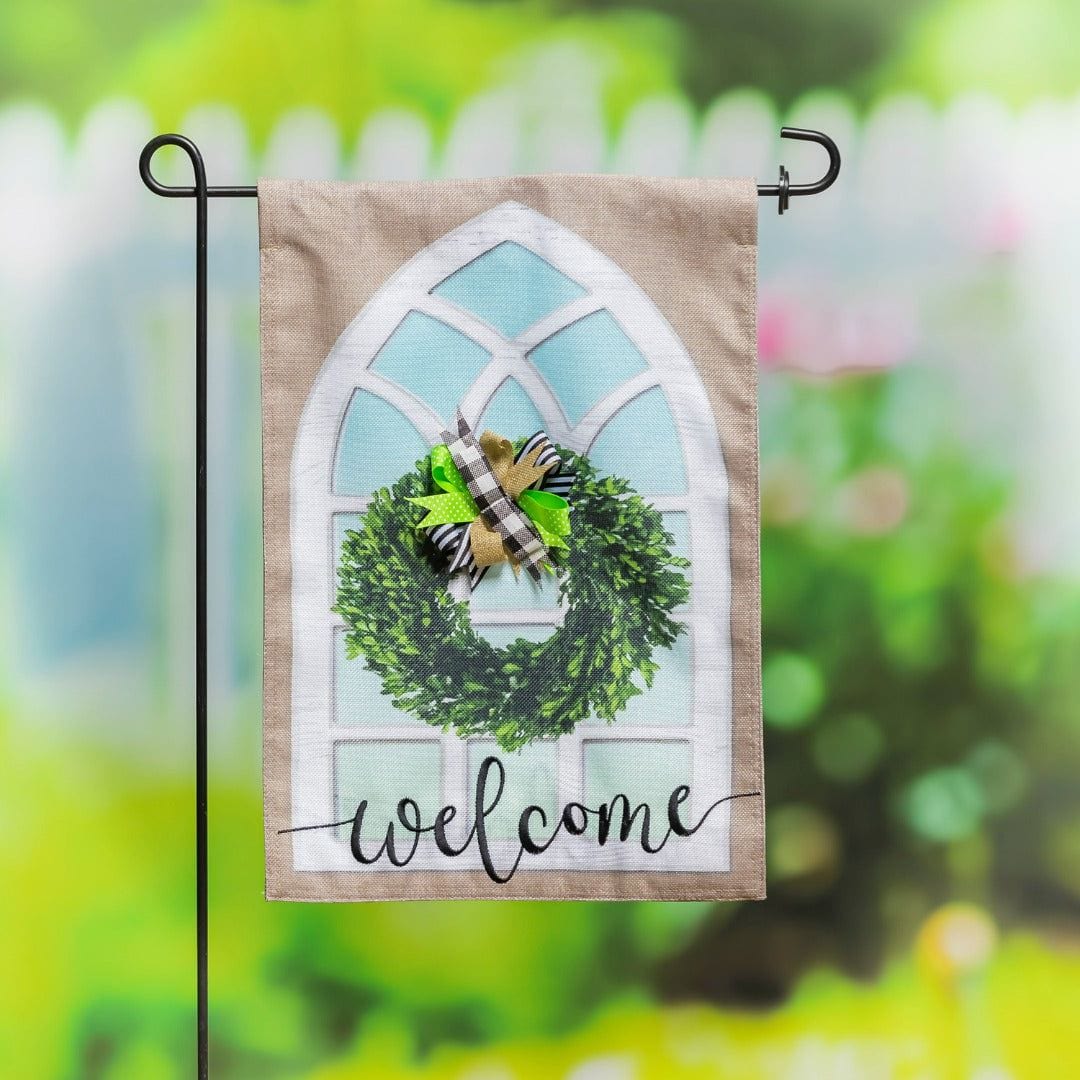 Farmhouse Window and Wreath Garden Flag 2 Sided Burlap Welcome