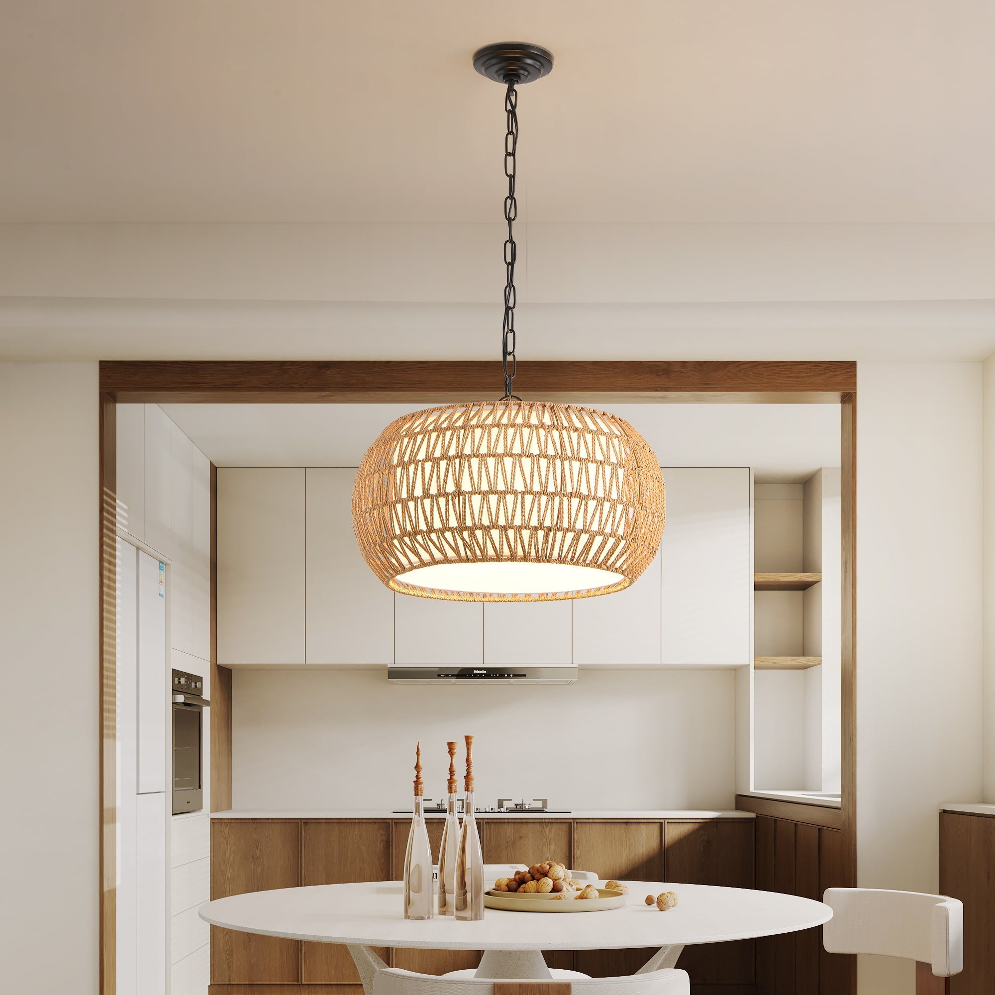 Farmhouse Pendant Light with Adjustable Height, Boho Woven Jute Rope Hanging Ceiling Light Fixture