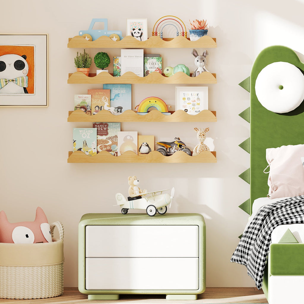 24 Inch Kids Bookshelf Set of 4 Wall-Mounted Picture Ledge Shelf-Natural