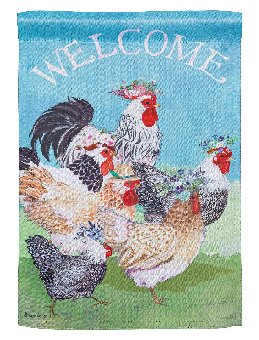 Floral Chickens 2 Sided Garden Flag