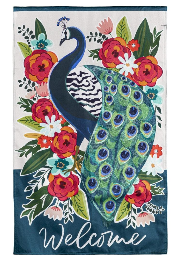 Floral Peacock Garden Flag 2 Sided Welcome