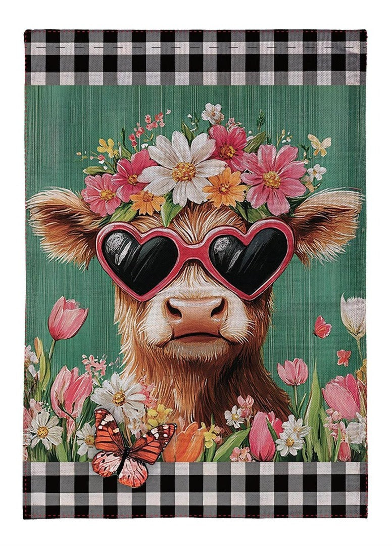 Floral Sunglasses Highland Cow 2 Sided Garden Flag