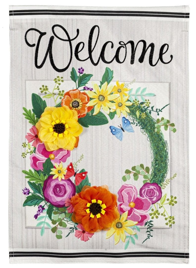 Floral Wreath Spring Garden Flag 2 Sided Welcome