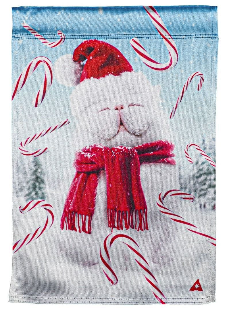 Fluffy Cat Snowman Christmas Garden Flag 2 Sided Lustre