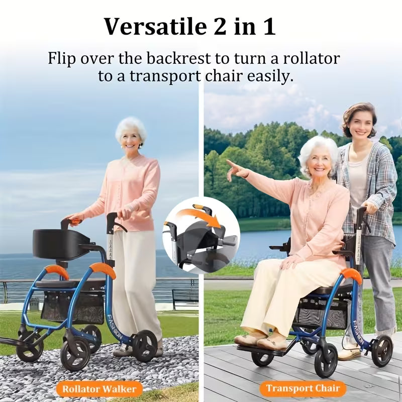 Foldable Walker With 8-inch Wide Tires, Rest Seat, Height-adjustable Armrests, Storage Space, 300-pound Weight Limit For Daily Mobility.