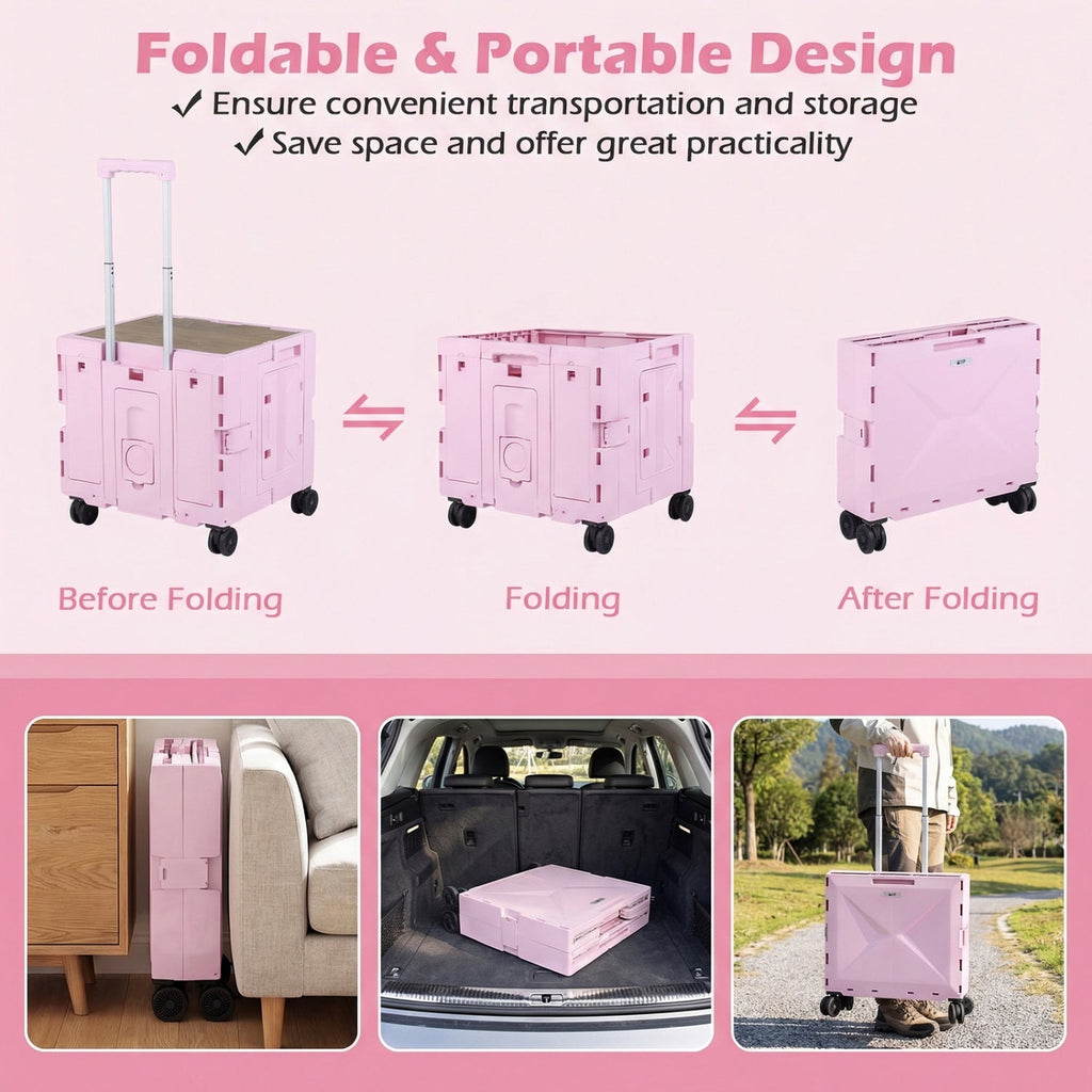 Foldable Utility Cart on 4 Rotate Wheels with Cup Holder