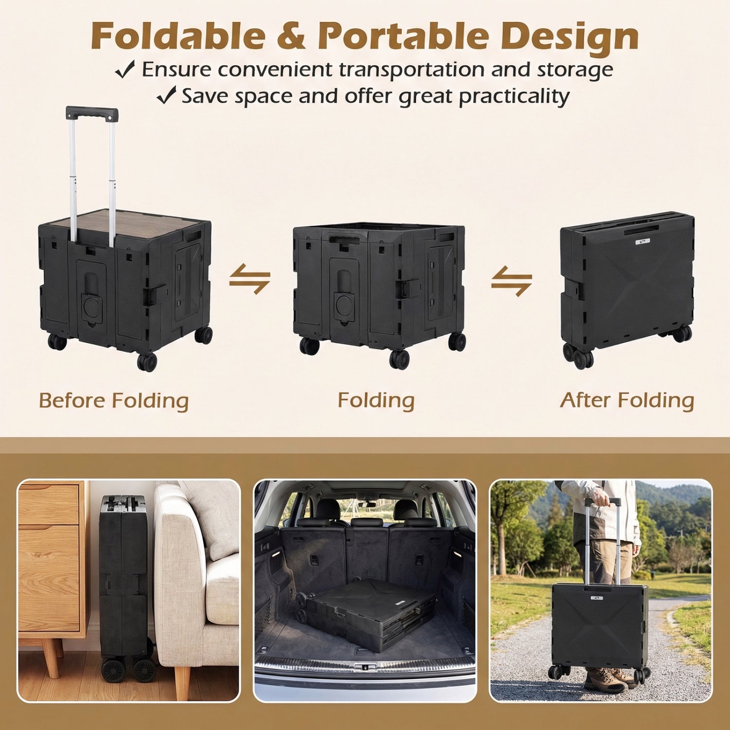 Foldable Utility Cart on 4 Rotate Wheels with Cup Holder