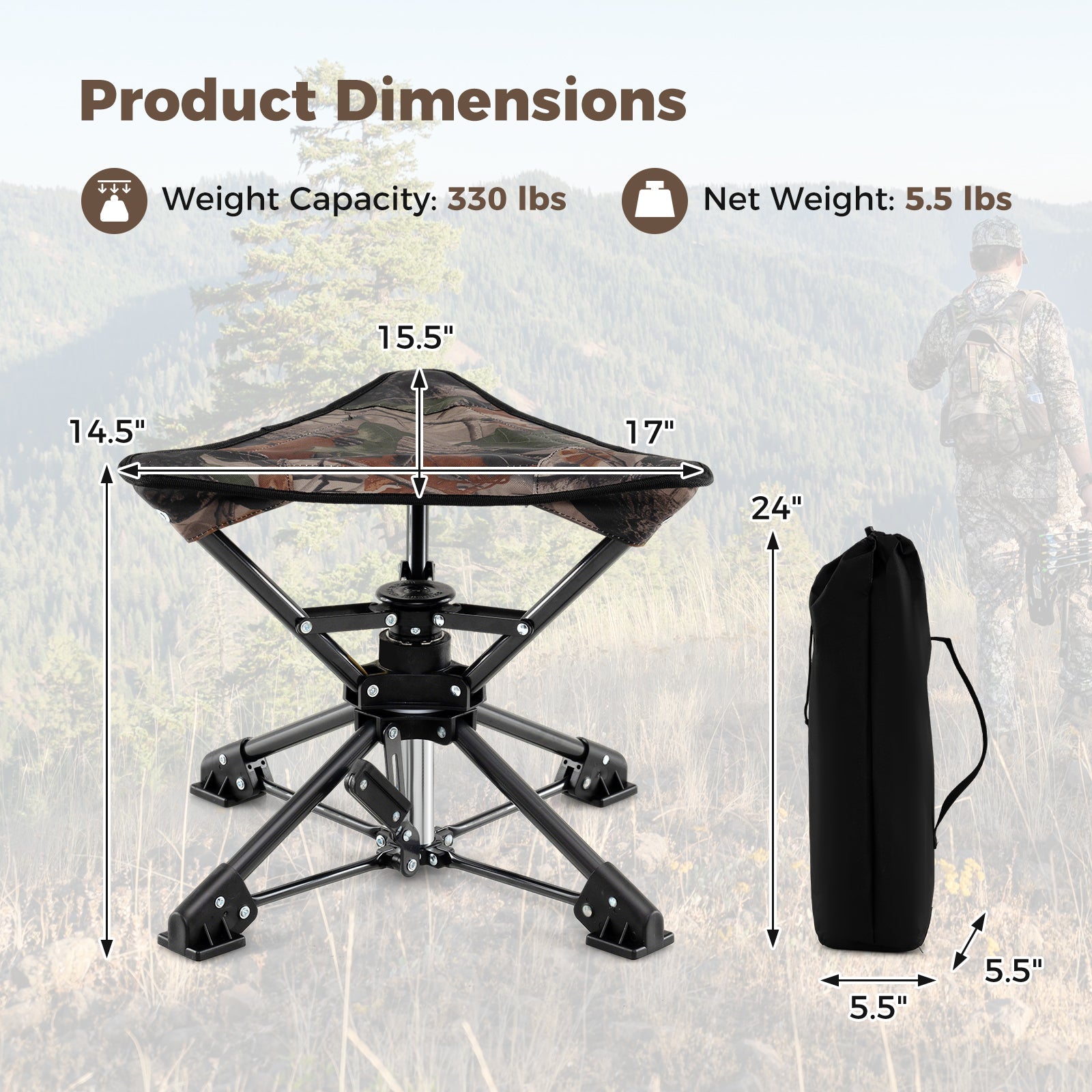 Folding Camping Stool 360° Swivel Hunting Chair with Anti-Sink Feet