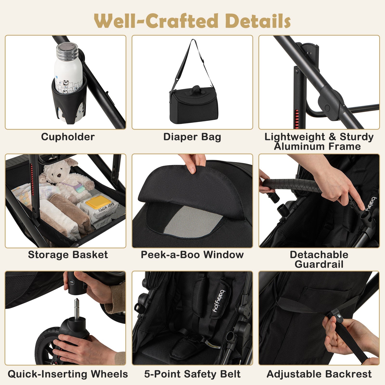 3-in-1 Folding Convertible Newborn Stroller with Detachable Bassinet-Black