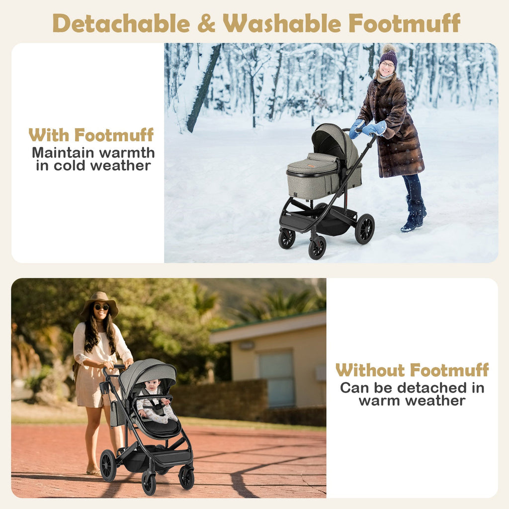 3-in-1 Folding Convertible Newborn Stroller with Detachable Bassinet-Gray