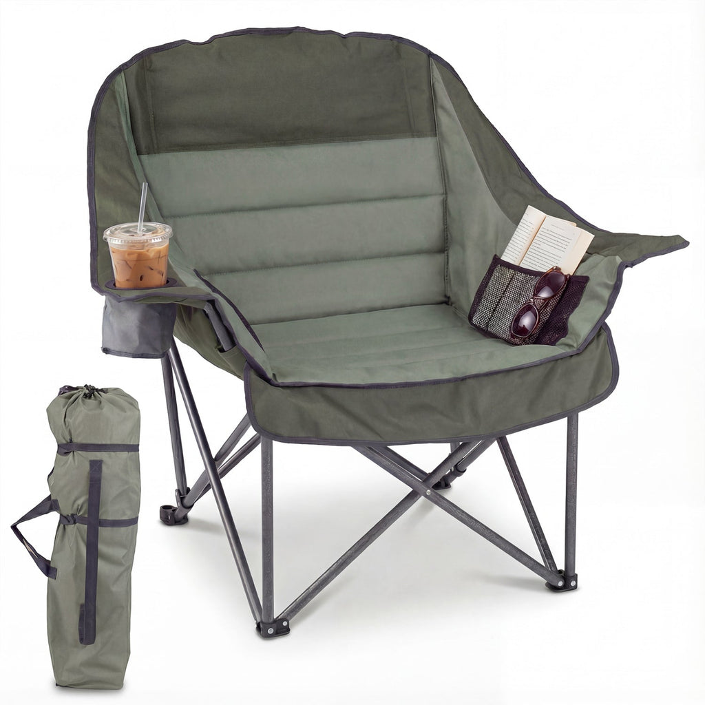Folding Oversized Camping Chair with Side Pockets and Cup Holder