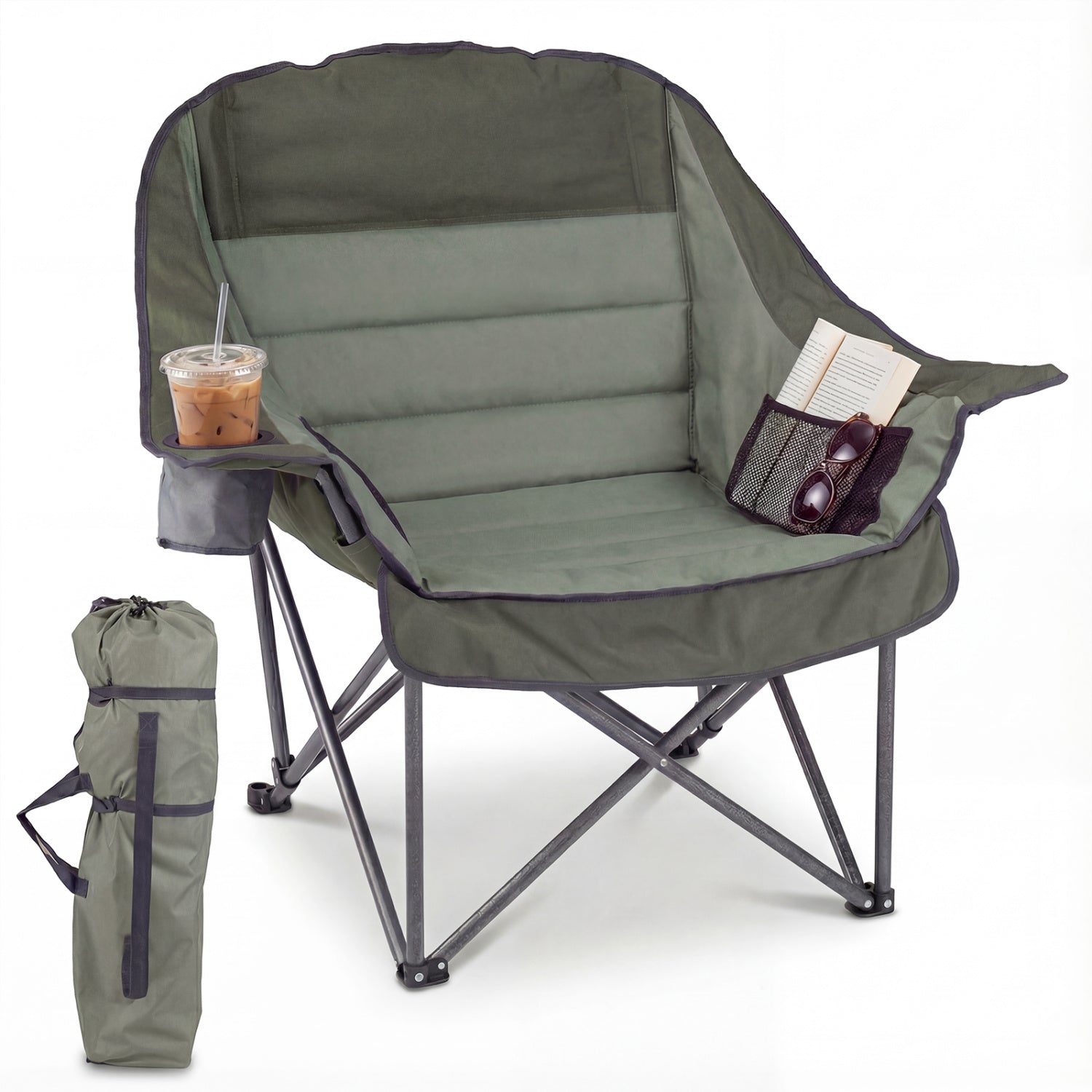 Folding Oversized Camping Chair with Side Pockets and Cup Holder