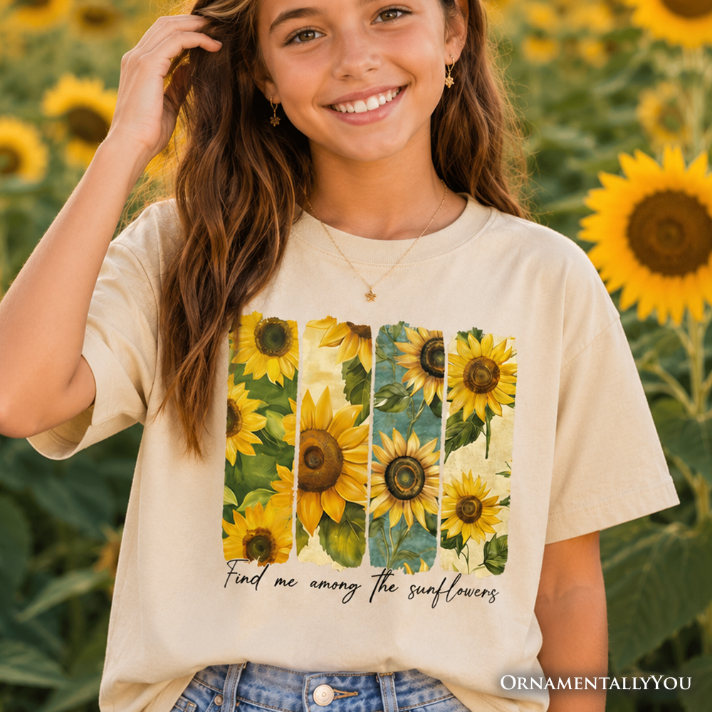 Find Me Among the Sunflowers Kids T-Shirt, Floral Tee for Youth Girls