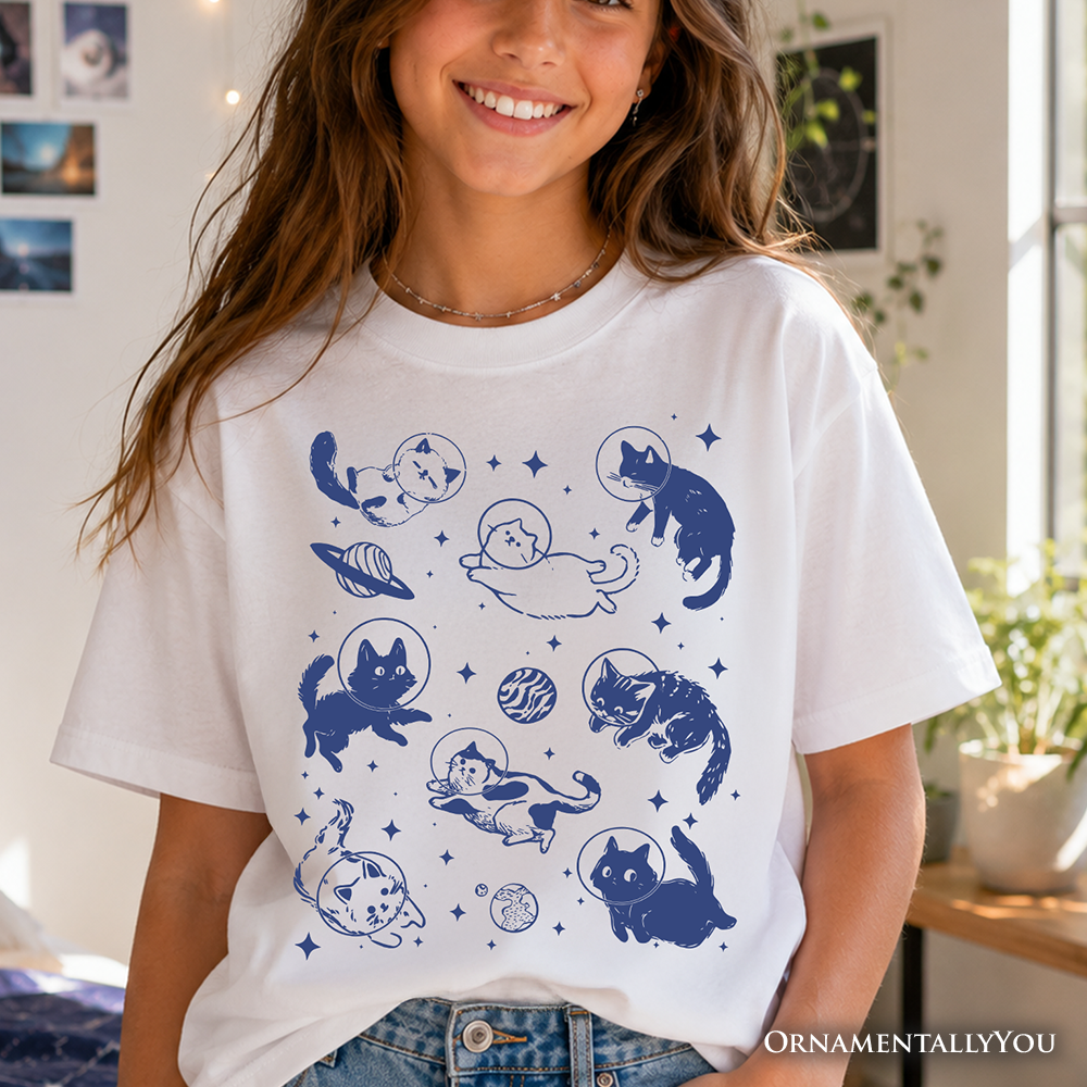 Kids Cats in Space Retro T-Shirt, Funny Astronaut Tee for Youth