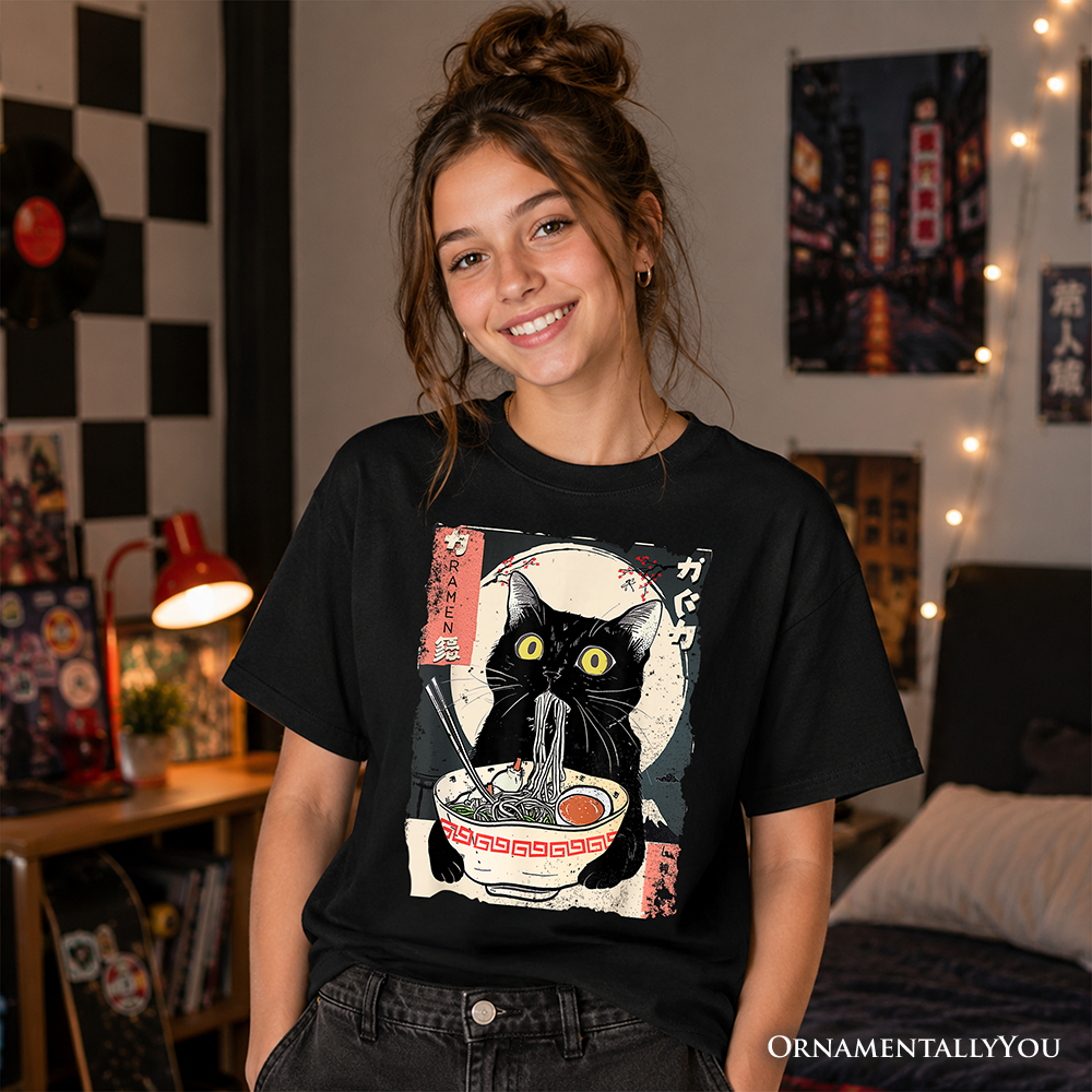 Kids Kawaii Anime Cat Eating Ramen T-Shirt, Noodle Japanese Art Style Tee for Youth